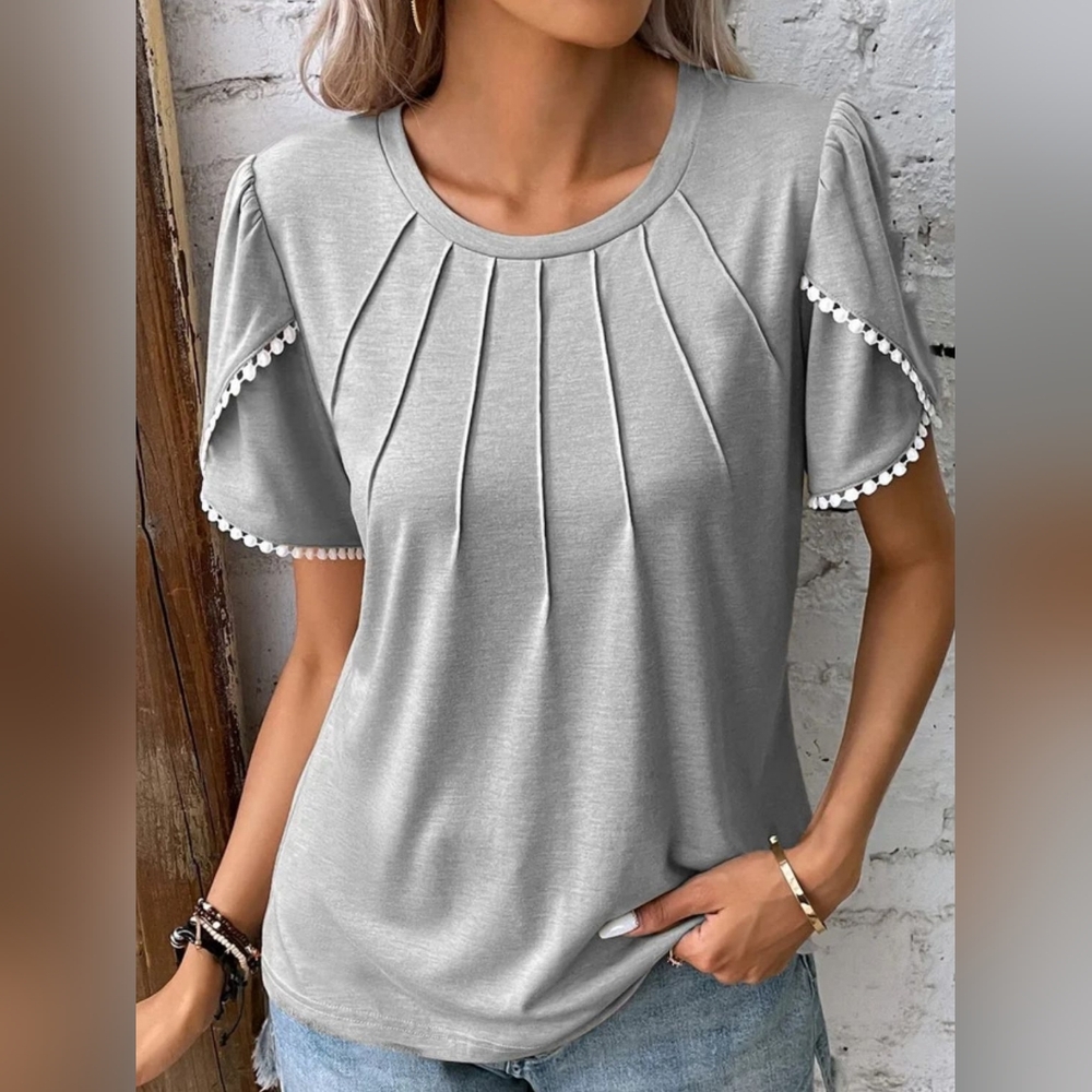 Gray Women's Pleated Design Full Size Round Neck Petal Sleeve Blouse Plus Size